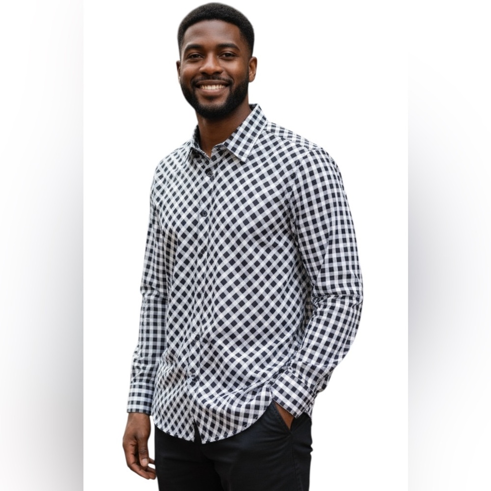 Claiborne Men's Black and White Checkered Modern Fit Button Down Shirt XXL